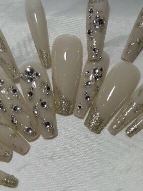 Neutral Beige Press-On Nails with Gold Glitter & Silver Rhinestones